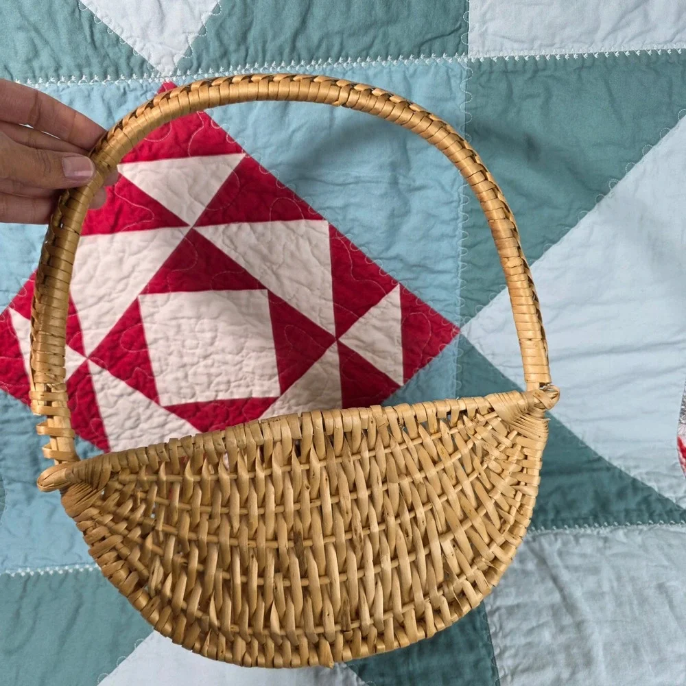 Wicker Gathering Basket Tan Woven Handle Half Basket Farmhouse Cottagecore Decor